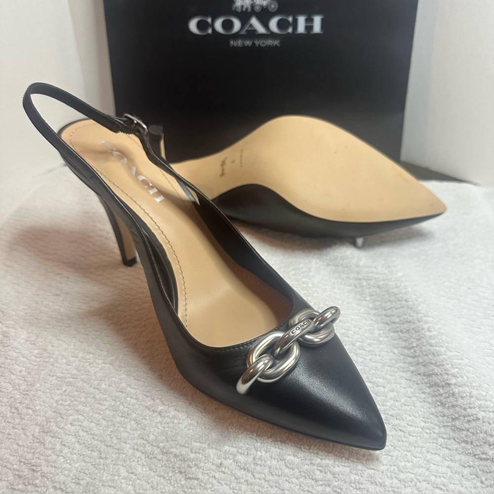 NWOT Coach Black sling back Heels with Silver Chain Accent - Picture 5 of 13
